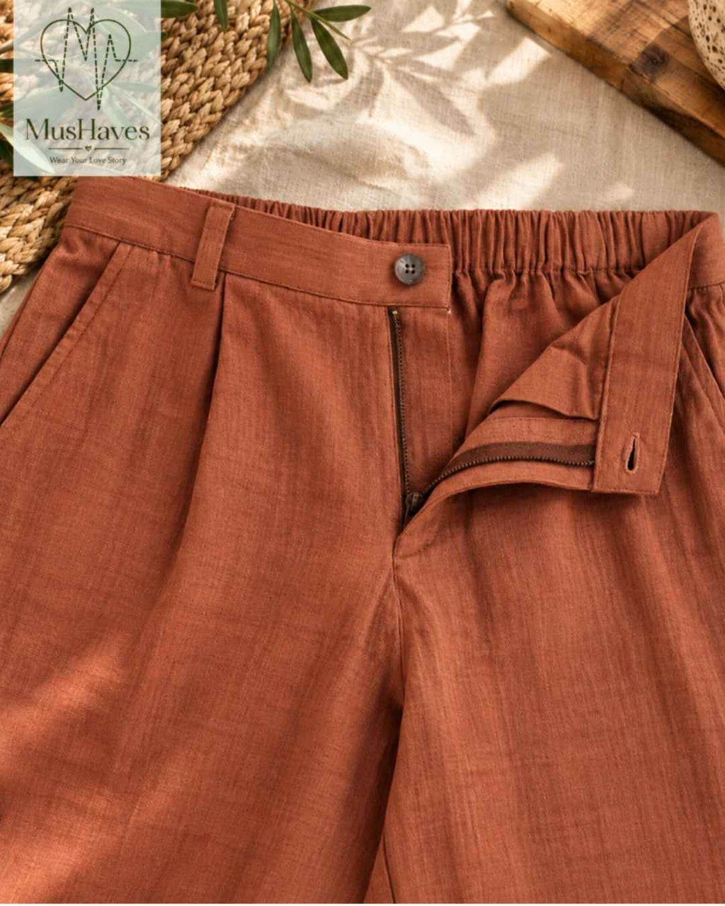 MusHaves EasyFlow Muslin Pants | Relaxed Straight-Fit Trousers | Terracotta Brown