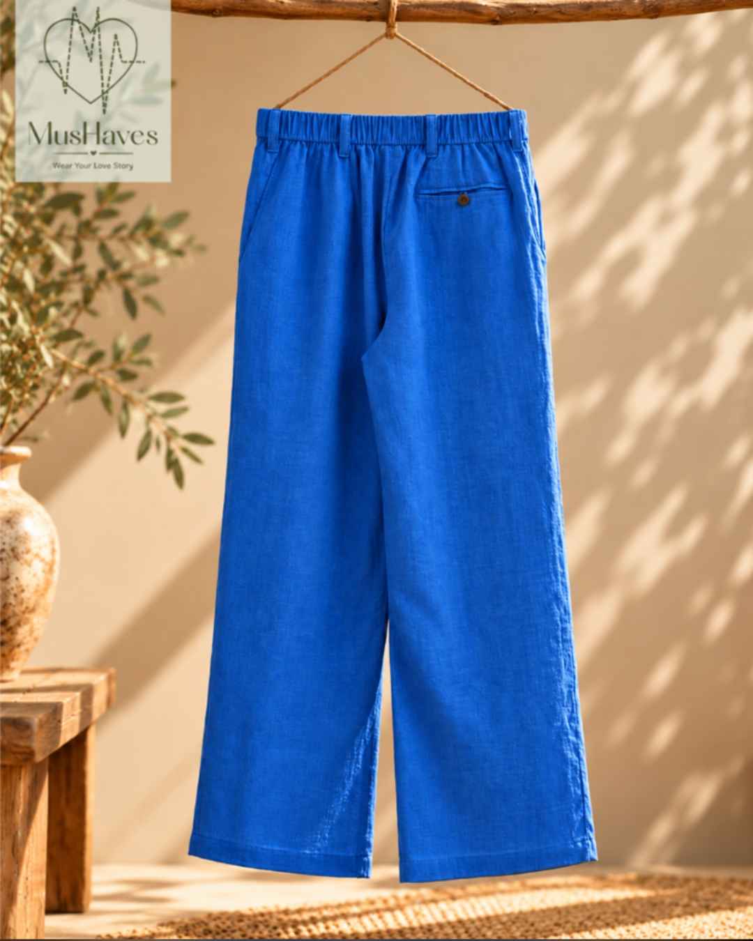 MusHaves EasyFlow Muslin Pants | Relaxed Straight-Fit Trousers | Bright Blue