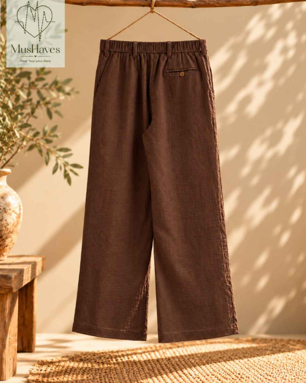 MusHaves EasyFlow Muslin Pants | Relaxed Straight-Fit Trousers | Chocolate Brown