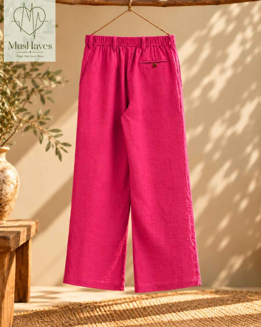 MusHaves EasyFlow Muslin Pants | Relaxed Straight-Fit Trousers | Fuchsia Pink