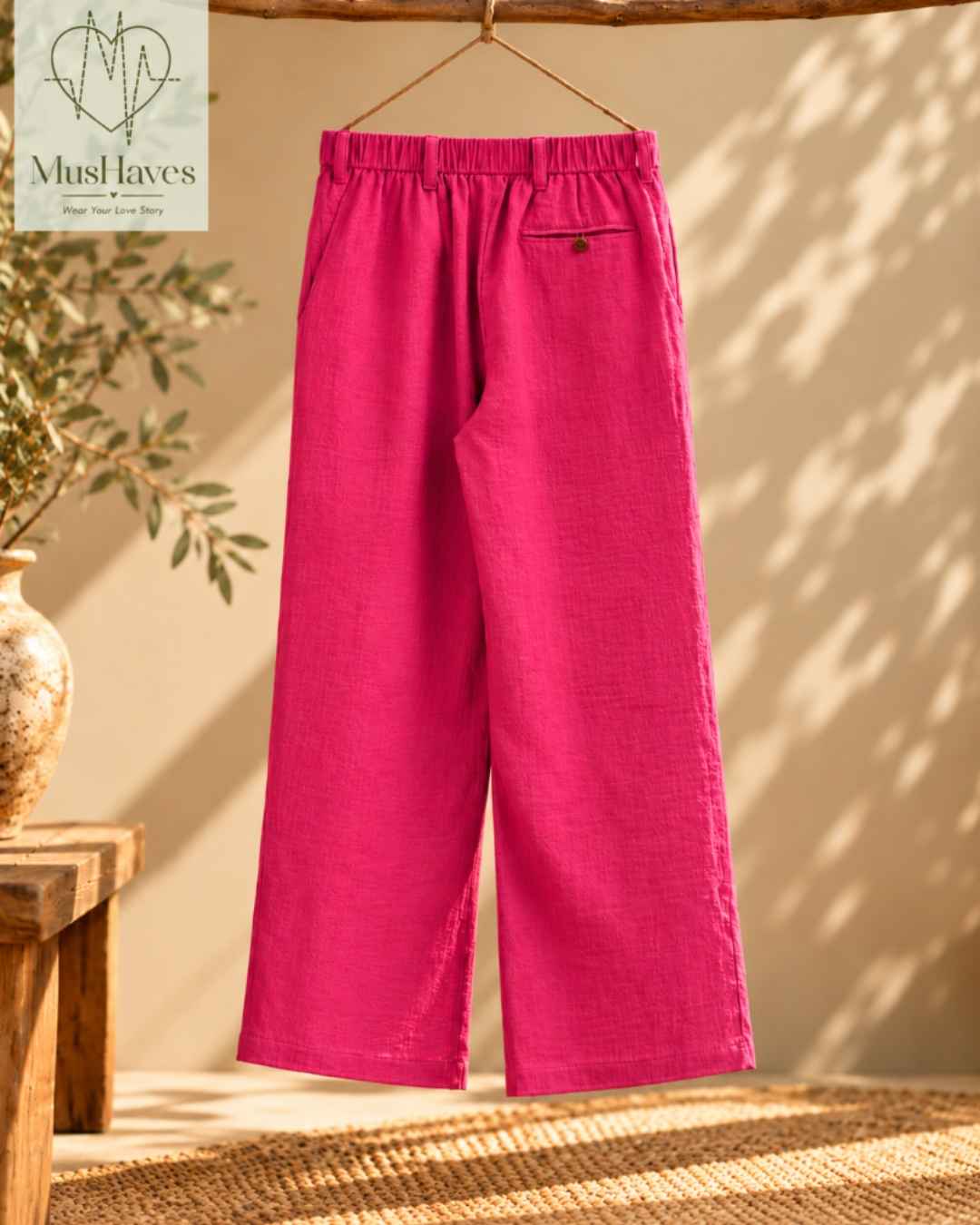MusHaves EasyFlow Muslin Pants | Relaxed Straight-Fit Trousers | Fuchsia Pink