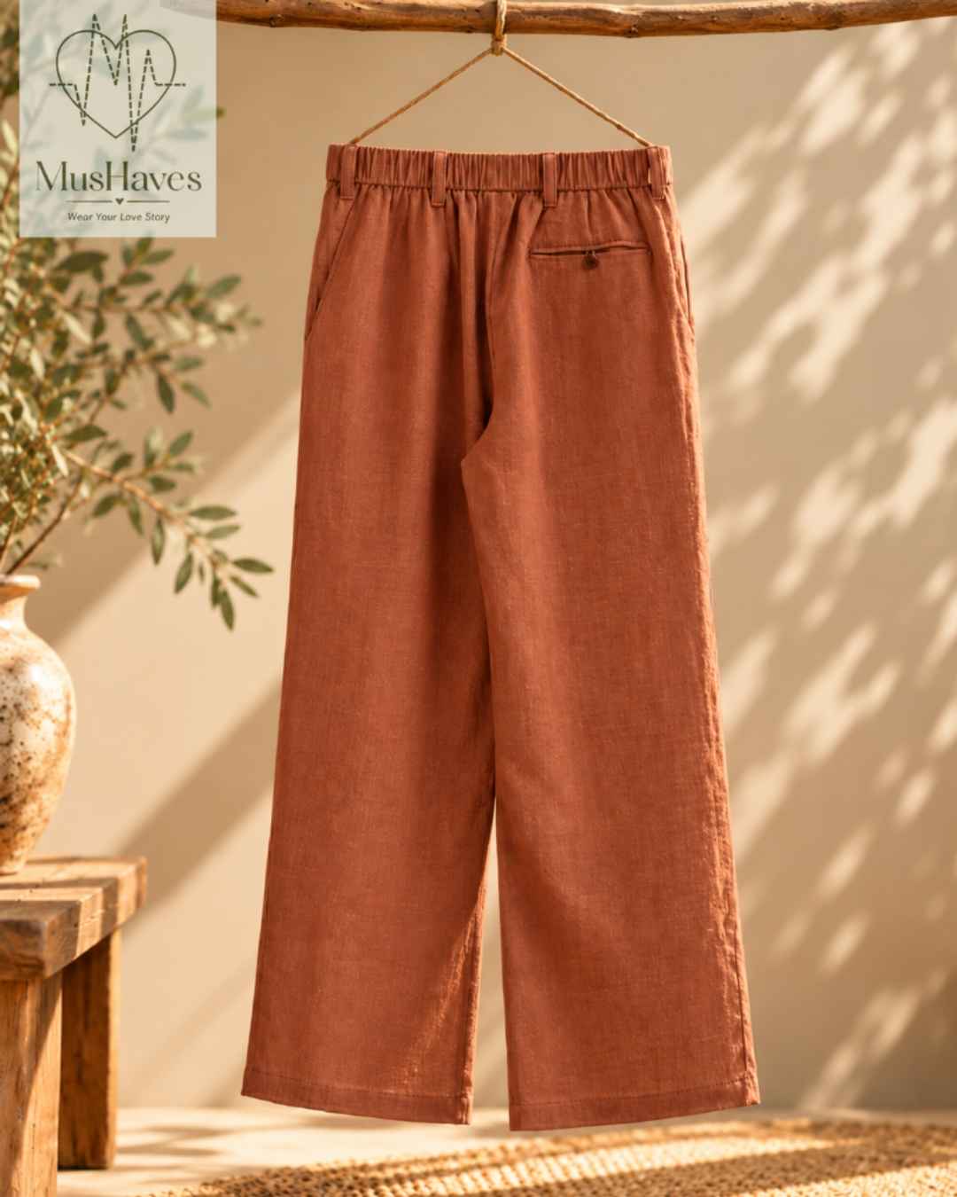 MusHaves EasyFlow Muslin Pants | Relaxed Straight-Fit Trousers | Terracotta Brown