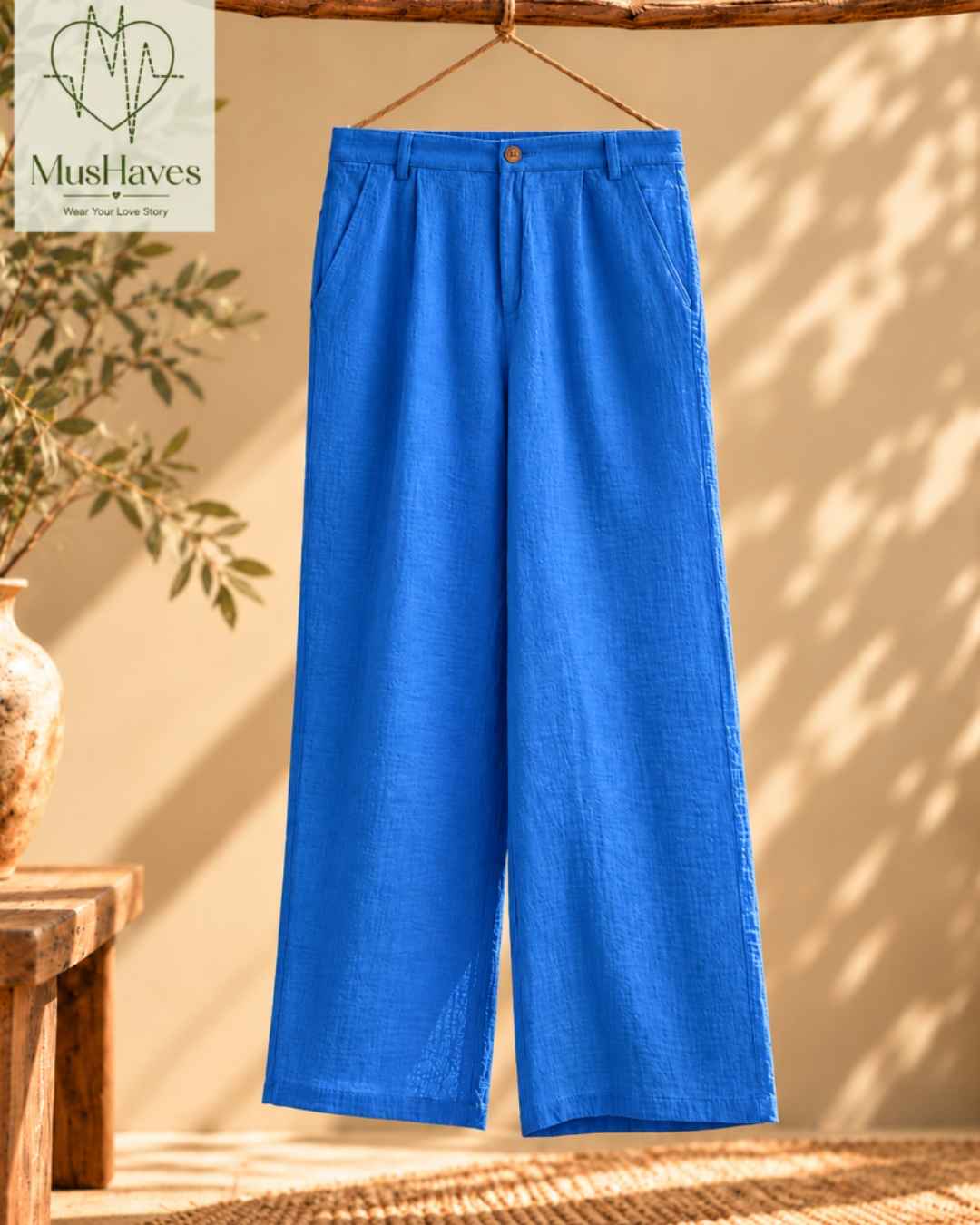 MusHaves EasyFlow Muslin Pants | Relaxed Straight-Fit Trousers | Bright Blue