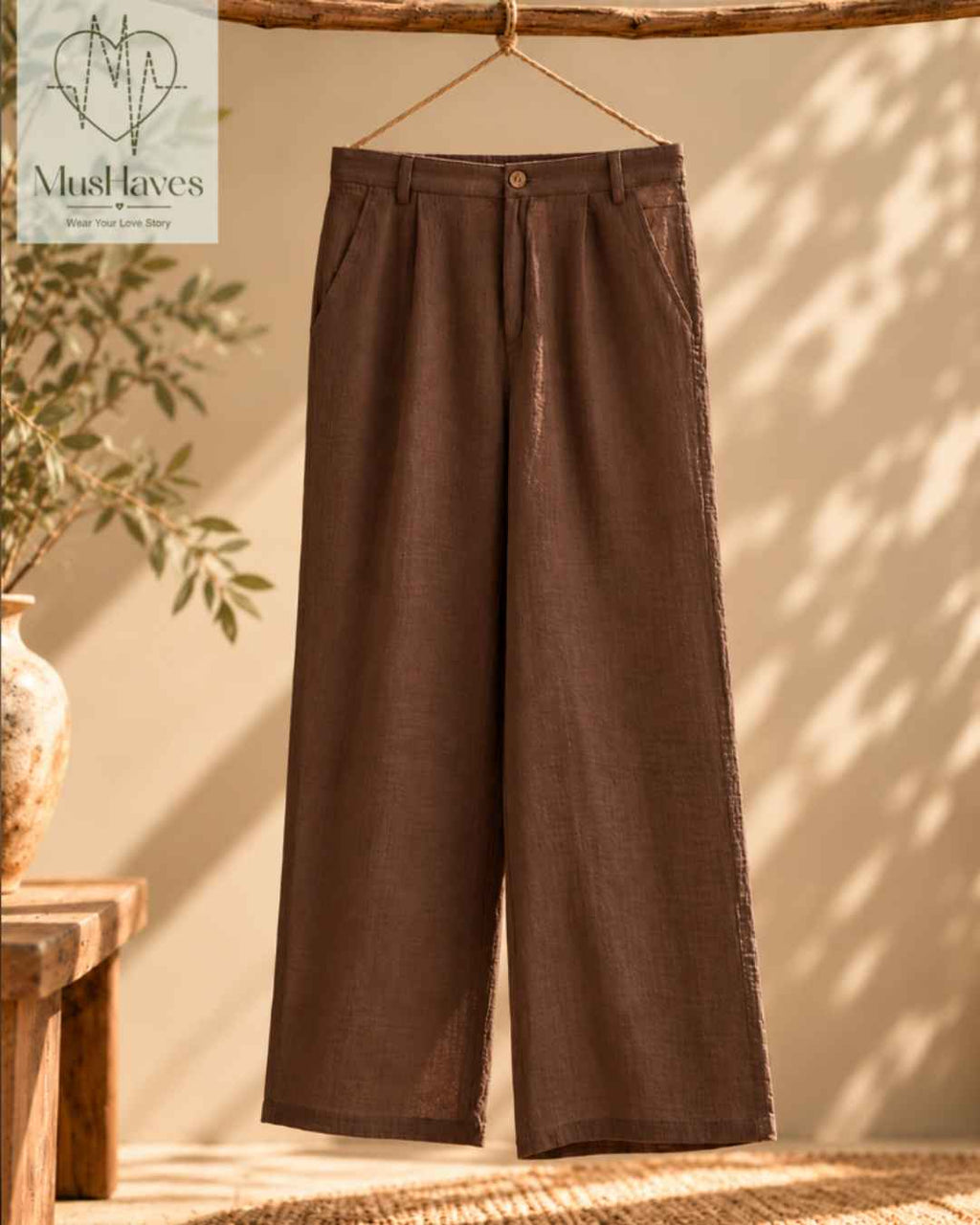 MusHaves EasyFlow Muslin Pants | Relaxed Straight-Fit Trousers | Chocolate Brown