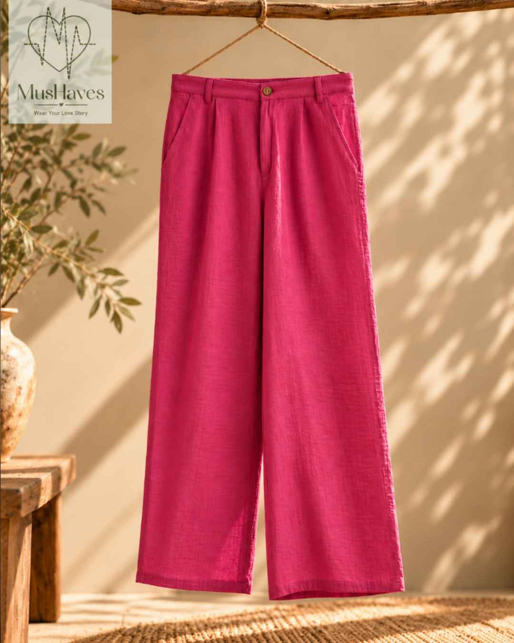 MusHaves EasyFlow Muslin Pants | Relaxed Straight-Fit Trousers | Fuchsia Pink