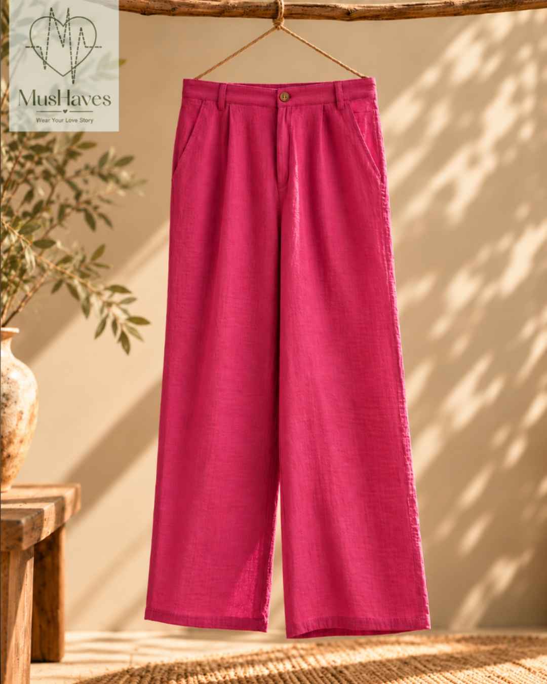 MusHaves EasyFlow Muslin Pants | Relaxed Straight-Fit Trousers | Fuchsia Pink