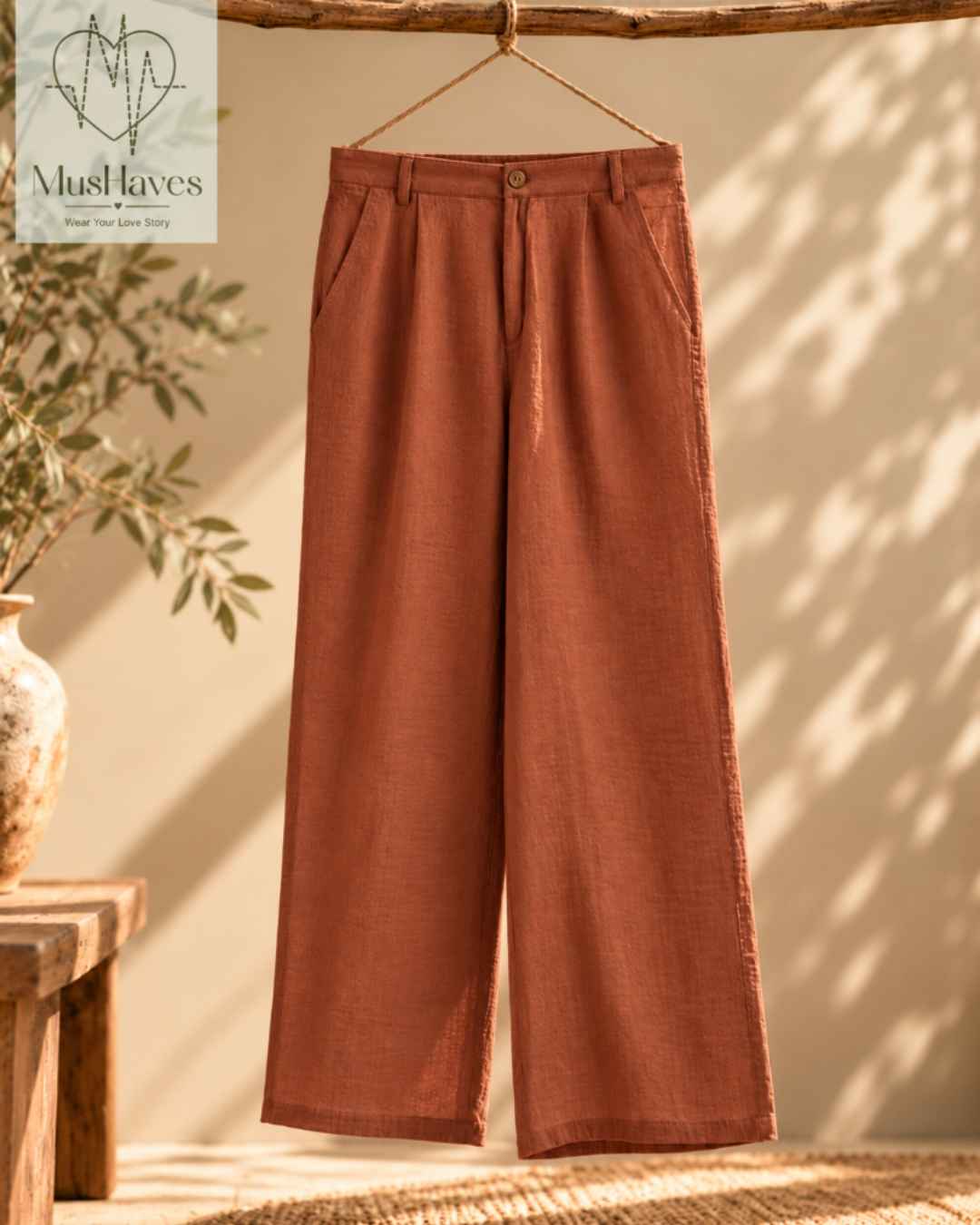 MusHaves EasyFlow Muslin Pants | Relaxed Straight-Fit Trousers | Terracotta Brown