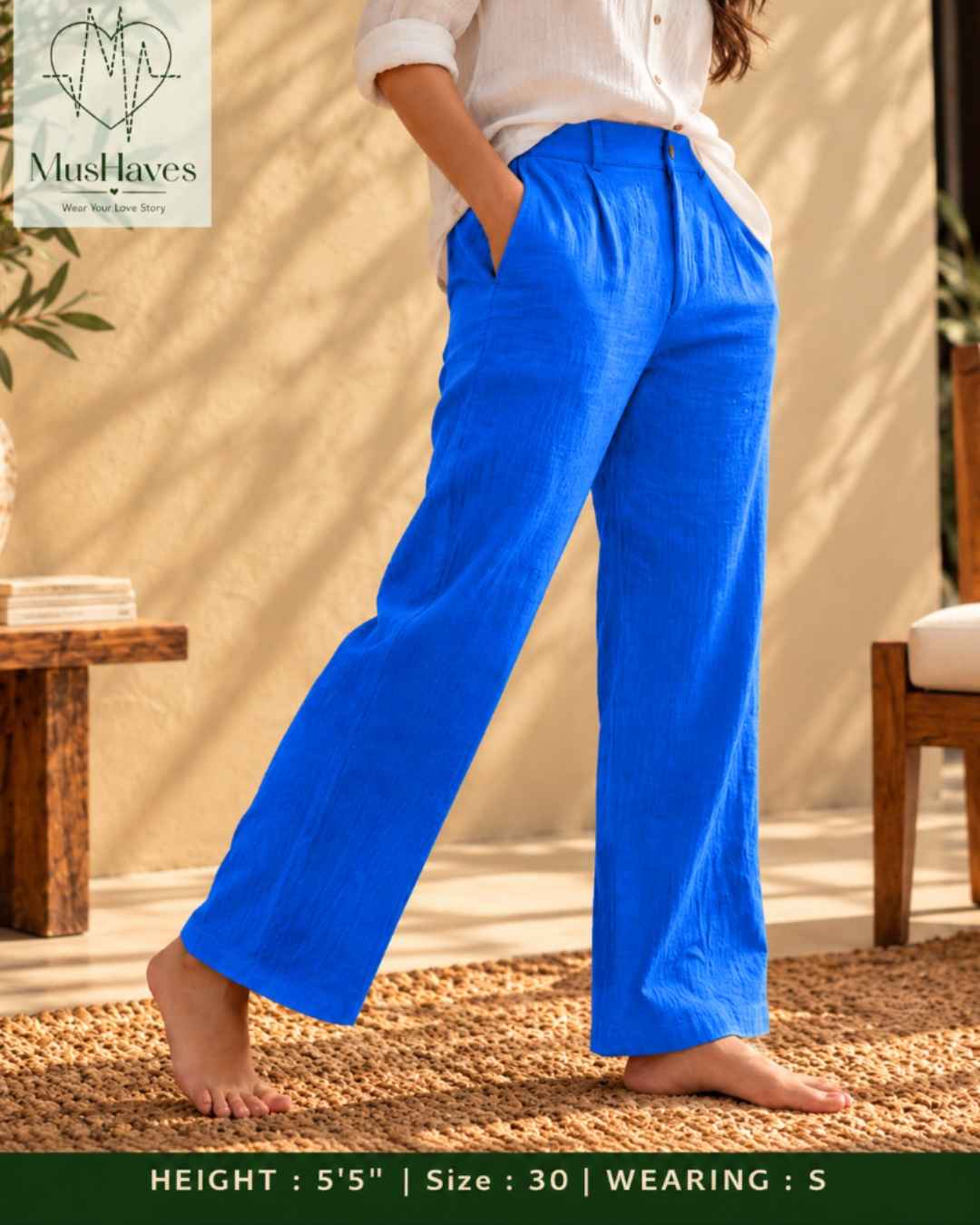 MusHaves EasyFlow Muslin Pants | Relaxed Straight-Fit Trousers | Bright Blue