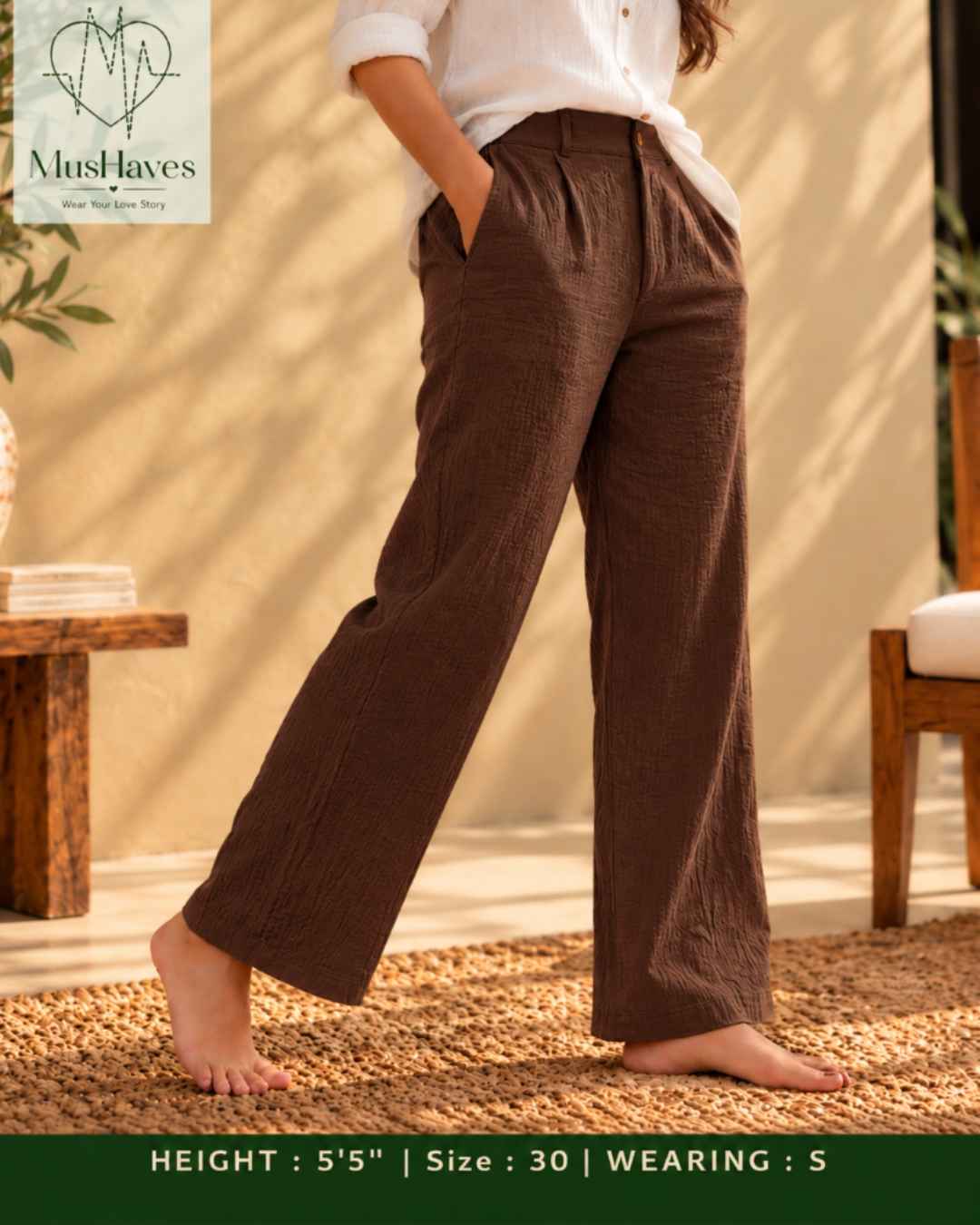 MusHaves EasyFlow Muslin Pants | Relaxed Straight-Fit Trousers | Chocolate Brown