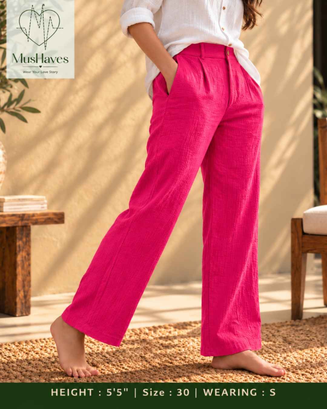 MusHaves EasyFlow Muslin Pants | Relaxed Straight-Fit Trousers | Fuchsia Pink