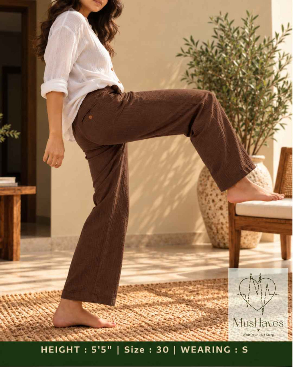 MusHaves EasyFlow Muslin Pants | Relaxed Straight-Fit Trousers | Chocolate Brown