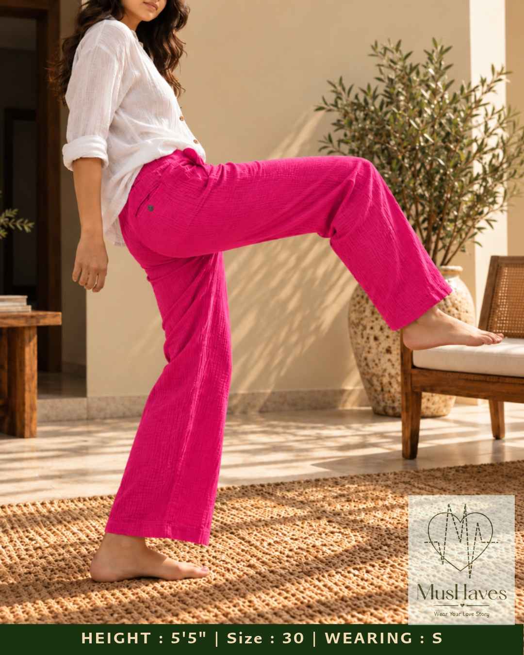 MusHaves EasyFlow Muslin Pants | Relaxed Straight-Fit Trousers | Fuchsia Pink