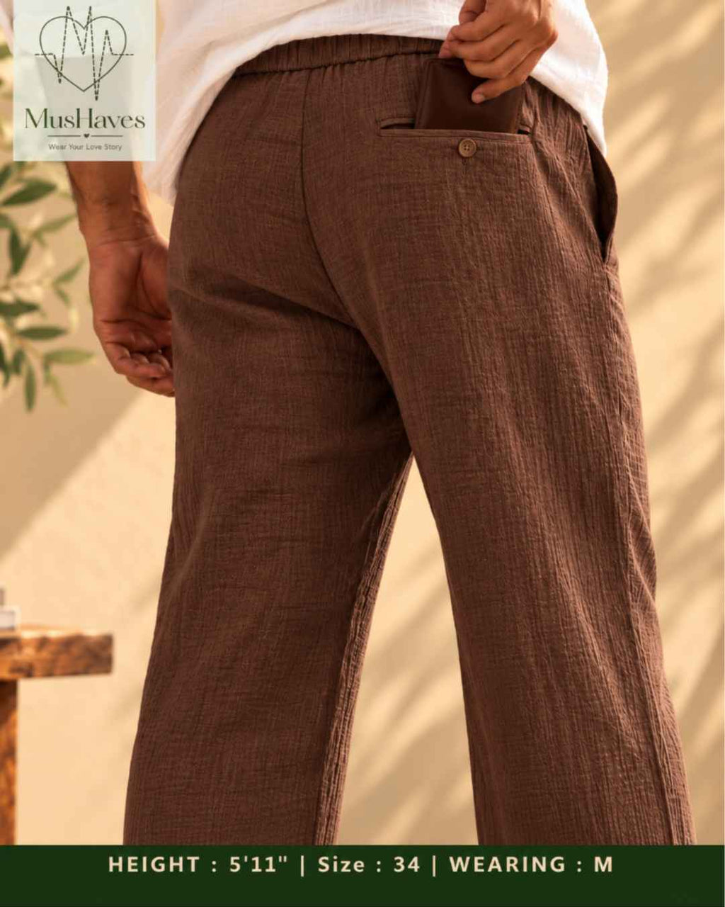 MusHaves EasyFlow Muslin Pants | Relaxed Straight-Fit Trousers | Chocolate Brown