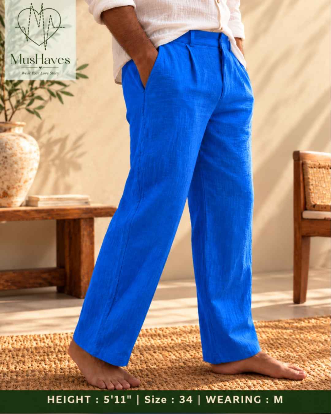 MusHaves EasyFlow Muslin Pants | Relaxed Straight-Fit Trousers | Bright Blue