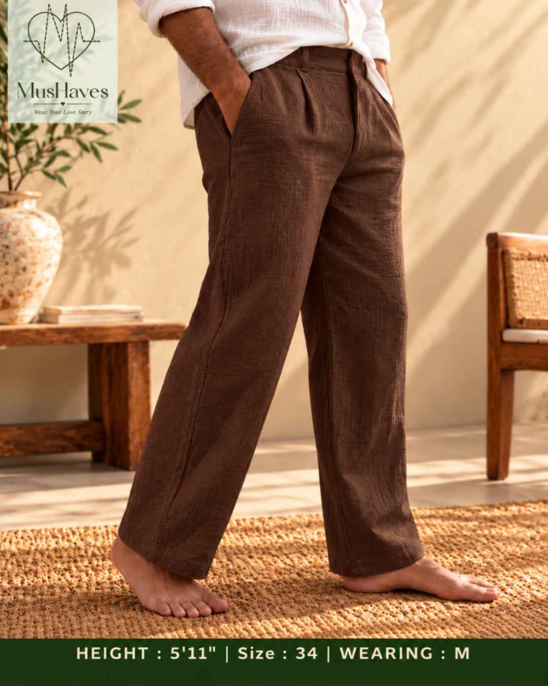 MusHaves EasyFlow Muslin Pants | Relaxed Straight-Fit Trousers | Chocolate Brown