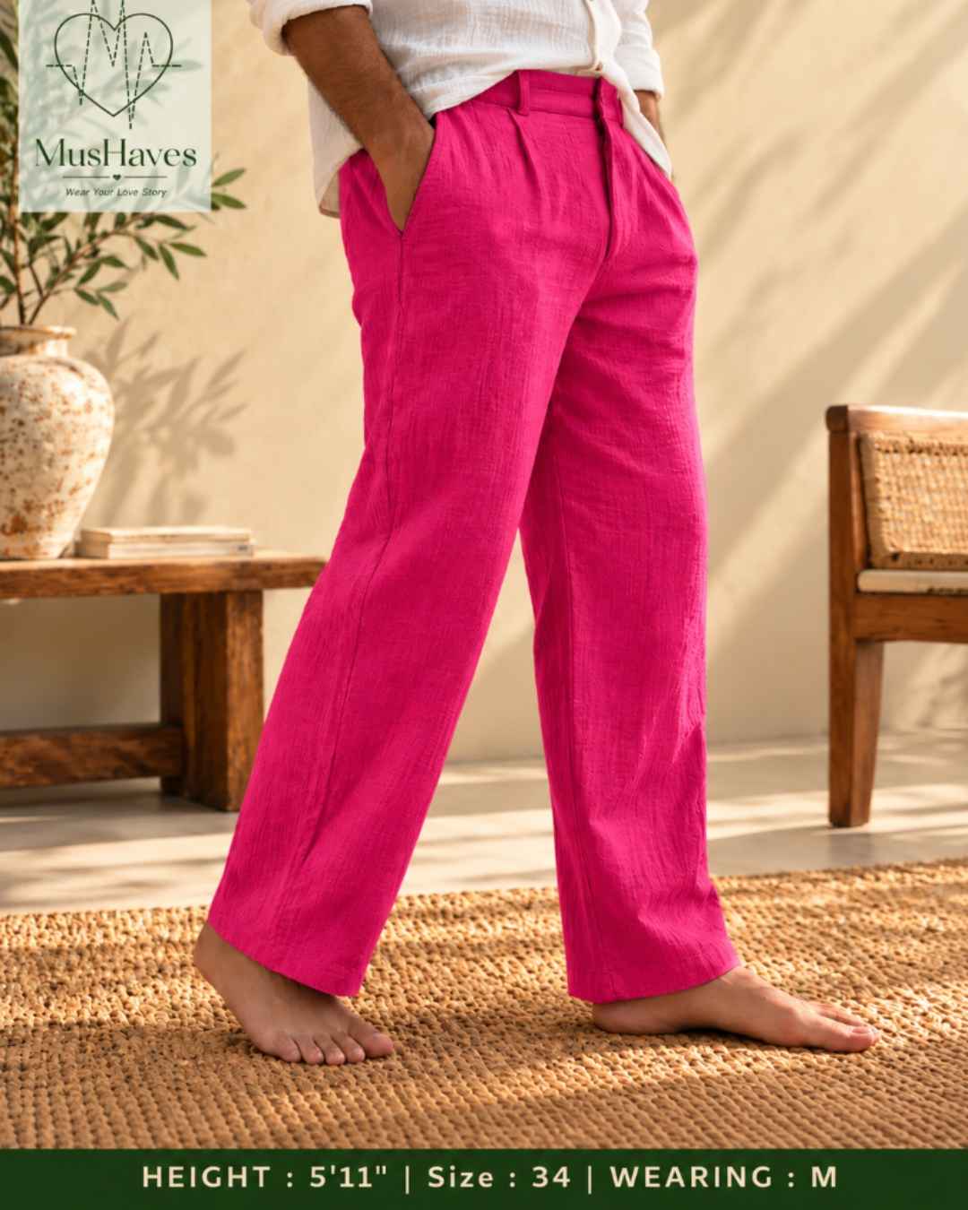 MusHaves EasyFlow Muslin Pants | Relaxed Straight-Fit Trousers | Fuchsia Pink