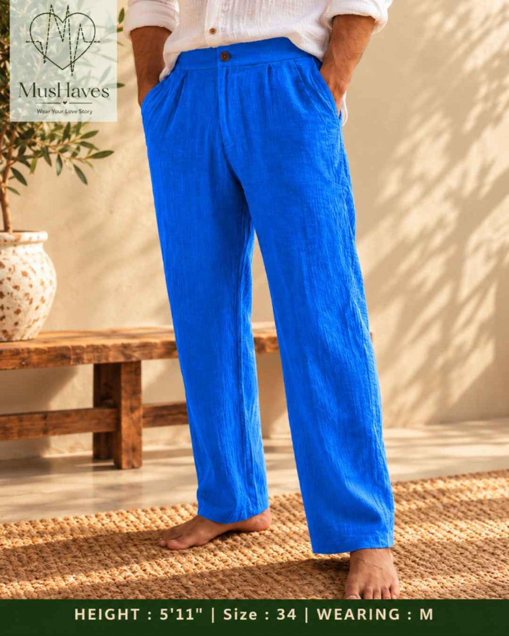 MusHaves EasyFlow Muslin Pants | Relaxed Straight-Fit Trousers | Bright Blue