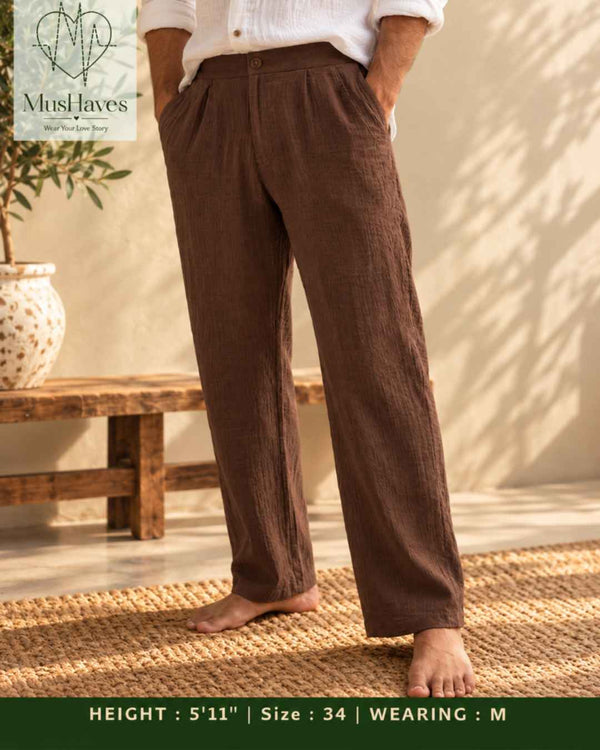 MusHaves EasyFlow Muslin Pants | Relaxed Straight-Fit Trousers | Chocolate Brown