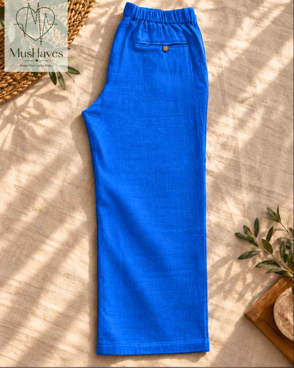 MusHaves EasyFlow Muslin Pants | Relaxed Straight-Fit Trousers | Bright Blue