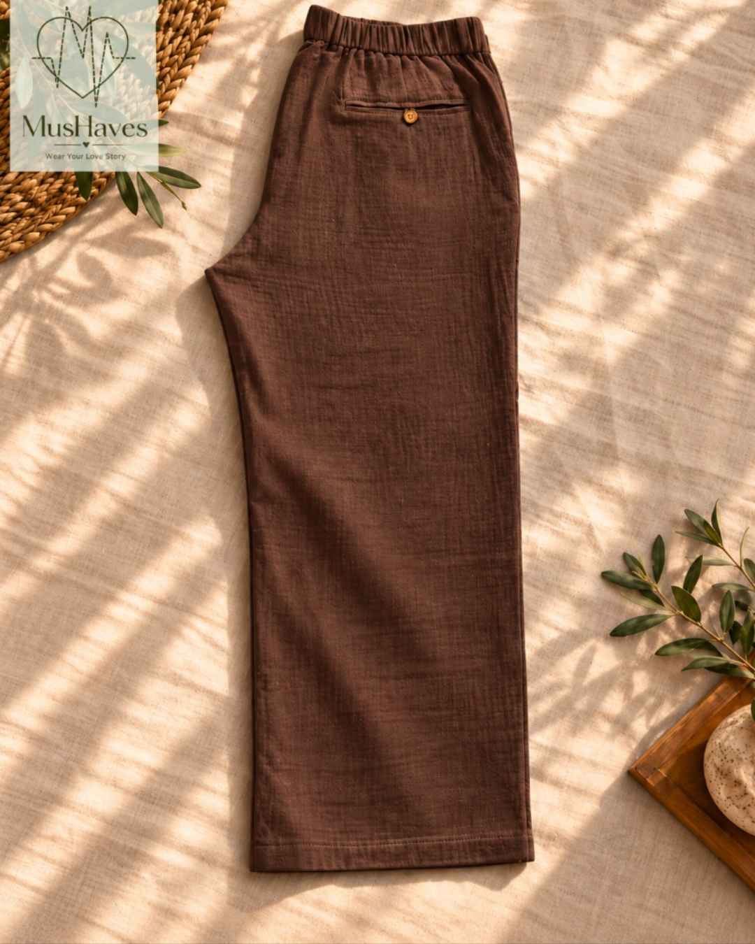 MusHaves EasyFlow Muslin Pants | Relaxed Straight-Fit Trousers | Chocolate Brown