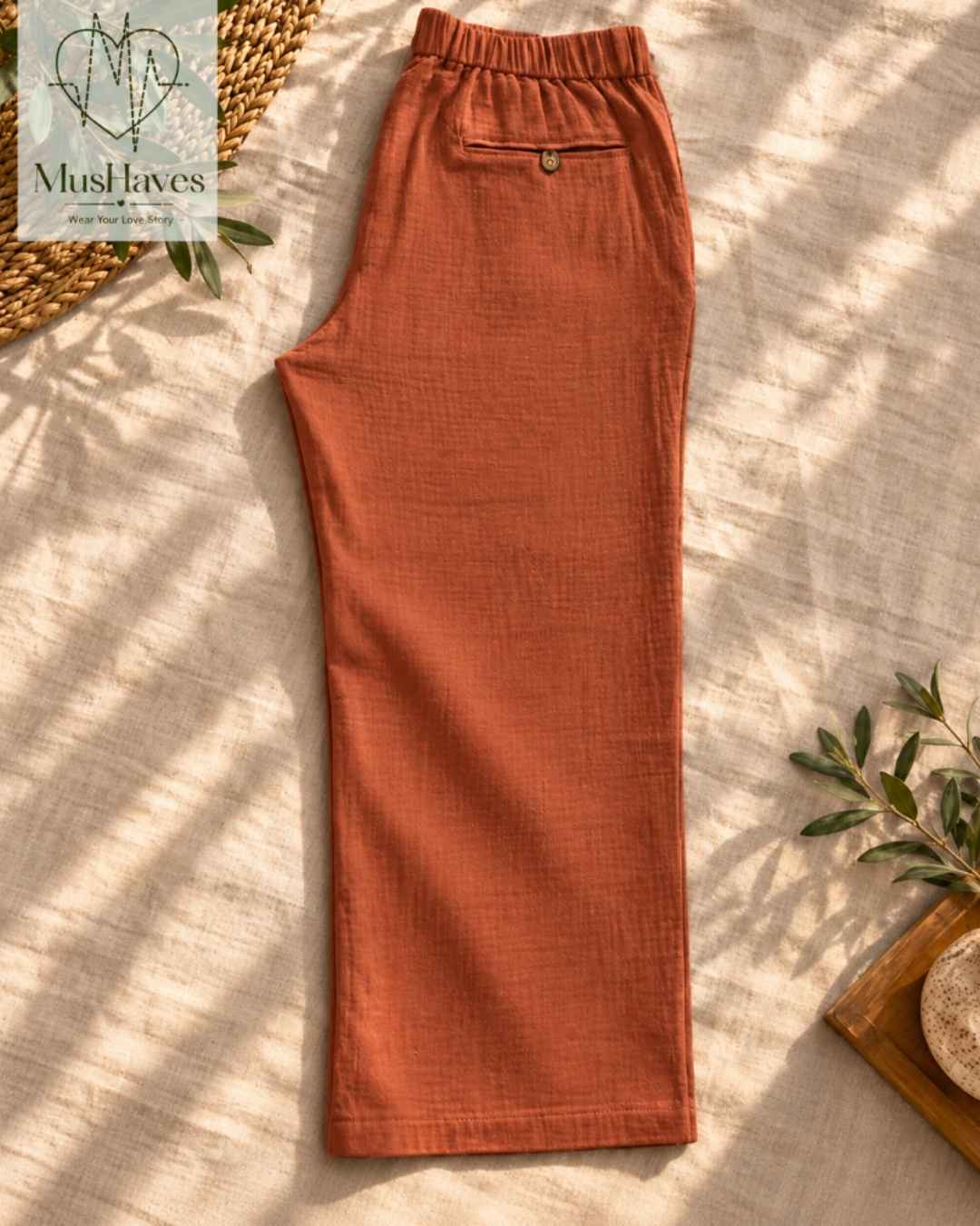 MusHaves EasyFlow Muslin Pants | Relaxed Straight-Fit Trousers | Terracotta Brown