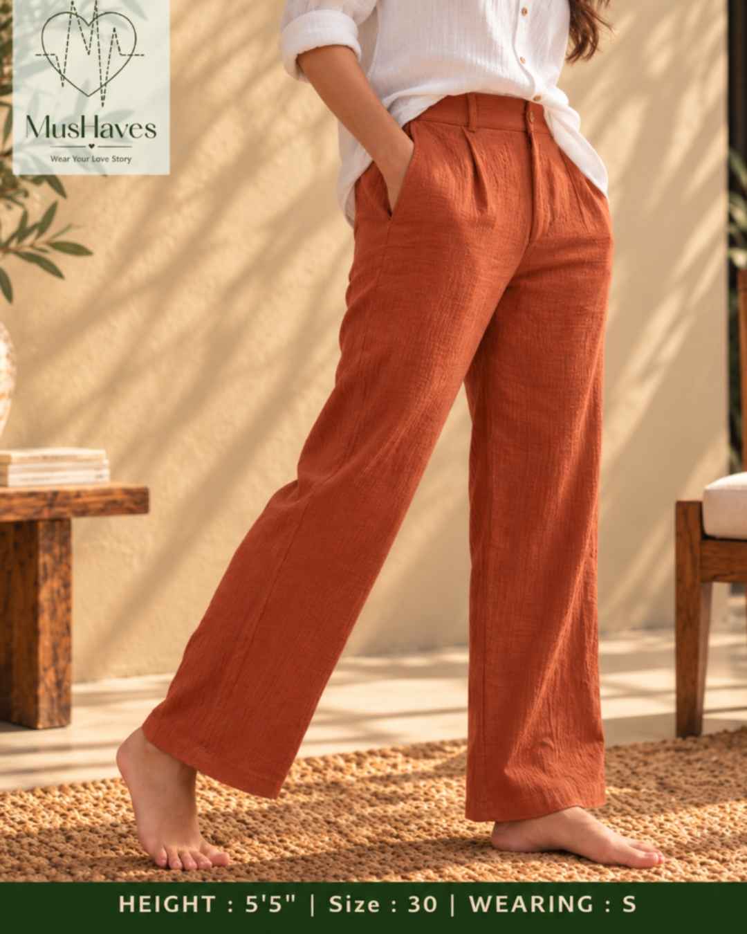 MusHaves EasyFlow Muslin Pants | Relaxed Straight-Fit Trousers | Terracotta Brown