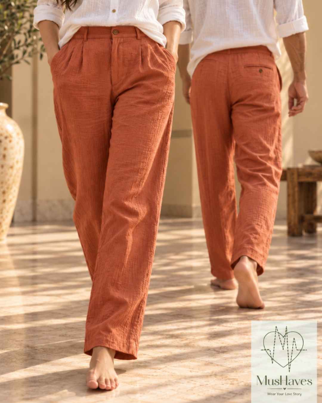 MusHaves EasyFlow Muslin Pants | Relaxed Straight-Fit Trousers | Terracotta Brown