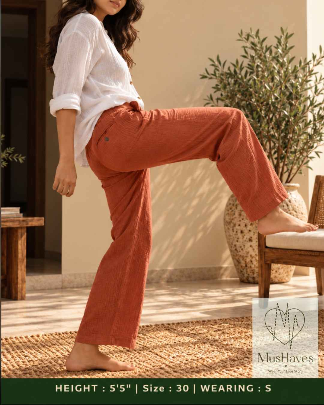MusHaves EasyFlow Muslin Pants | Relaxed Straight-Fit Trousers | Terracotta Brown