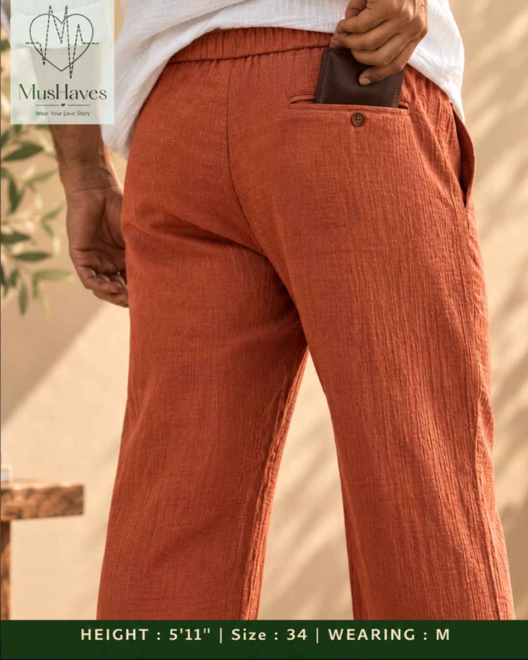 MusHaves EasyFlow Muslin Pants | Relaxed Straight-Fit Trousers | Terracotta Brown