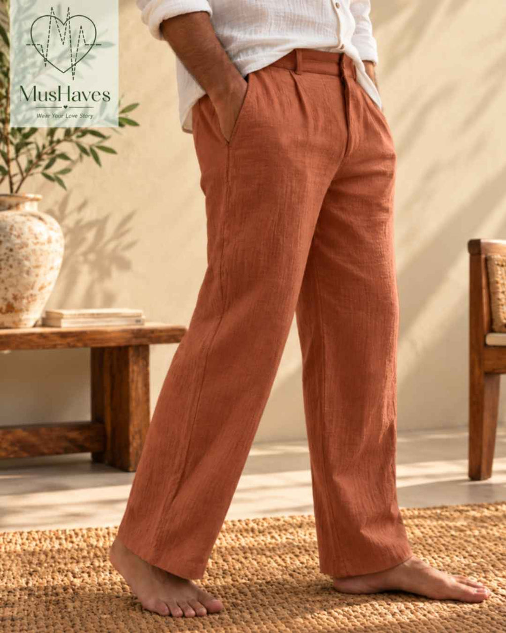 MusHaves EasyFlow Muslin Pants | Relaxed Straight-Fit Trousers | Terracotta Brown