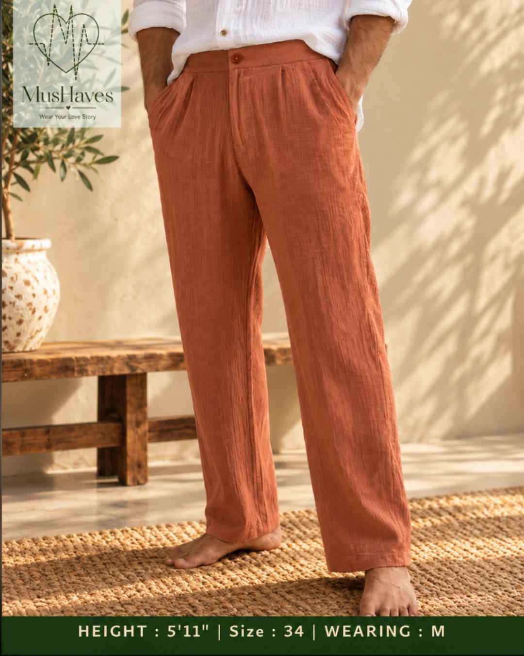 MusHaves EasyFlow Muslin Pants | Relaxed Straight-Fit Trousers | Terracotta Brown