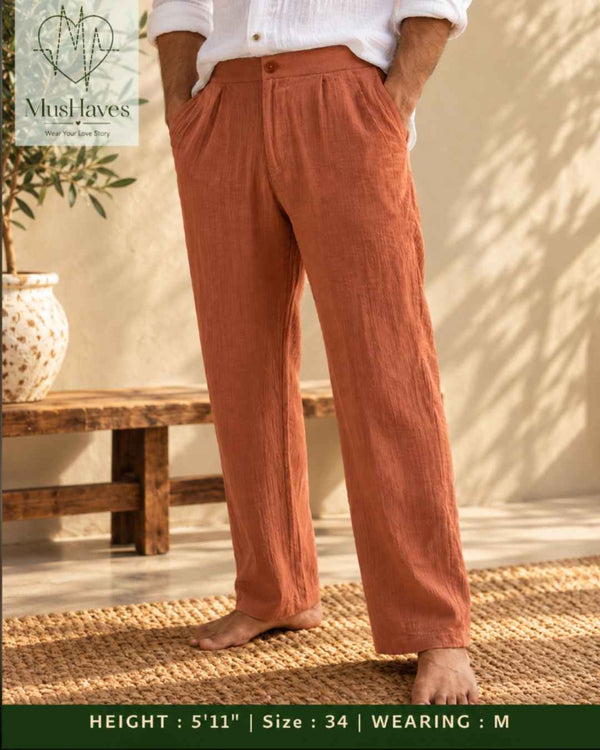 MusHaves EasyFlow Muslin Pants | Relaxed Straight-Fit Trousers | Terracotta Brown