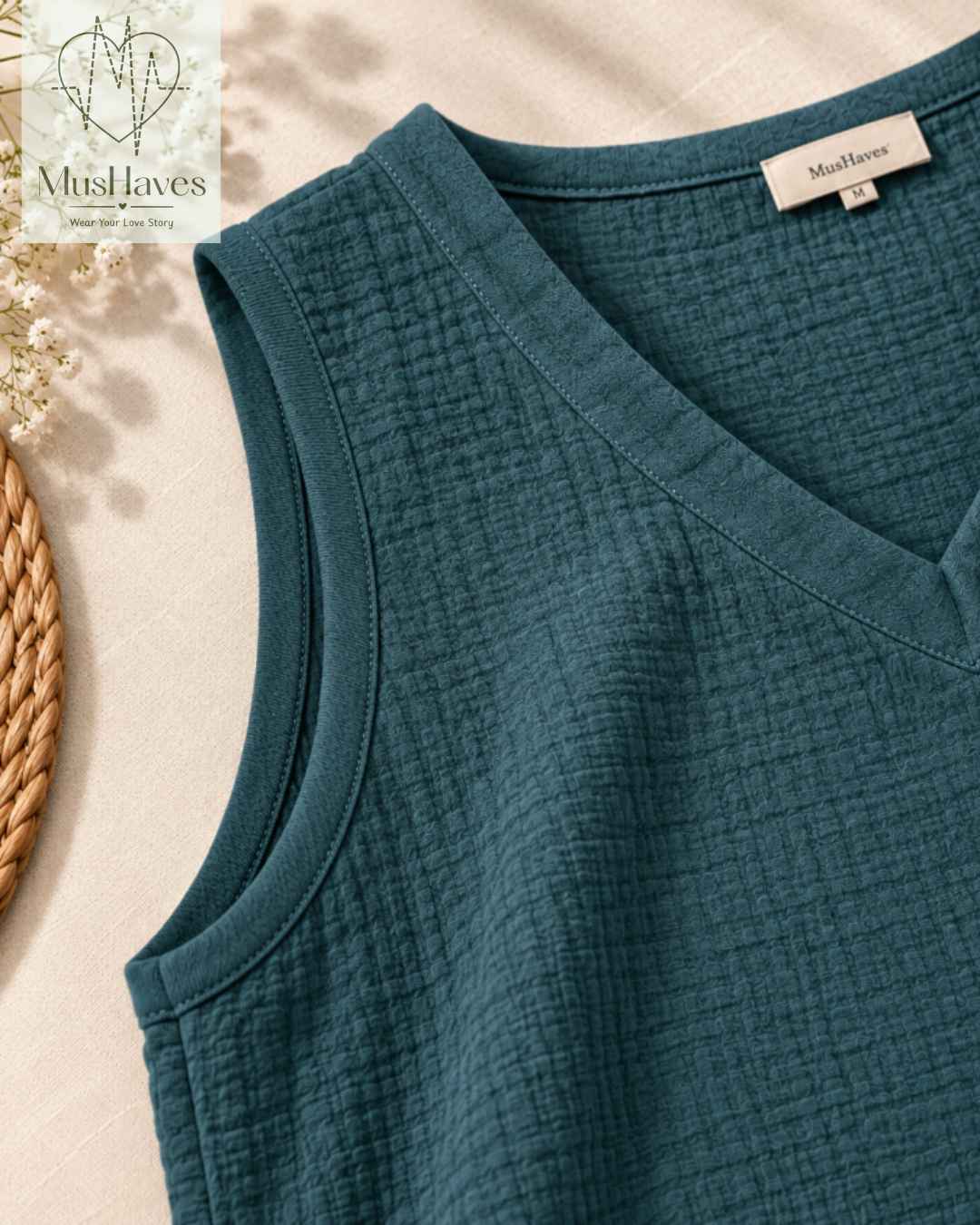 Breezy Muslin A Line V Neck Cut Sleeves Top – Teel Blue