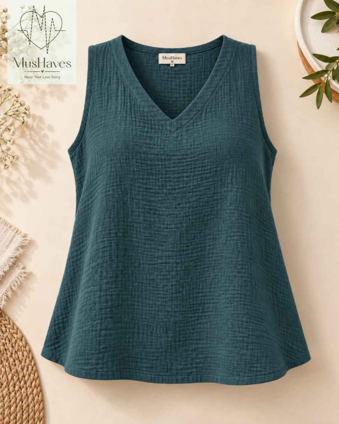Breezy Muslin A Line V Neck Cut Sleeves Top – Teel Blue