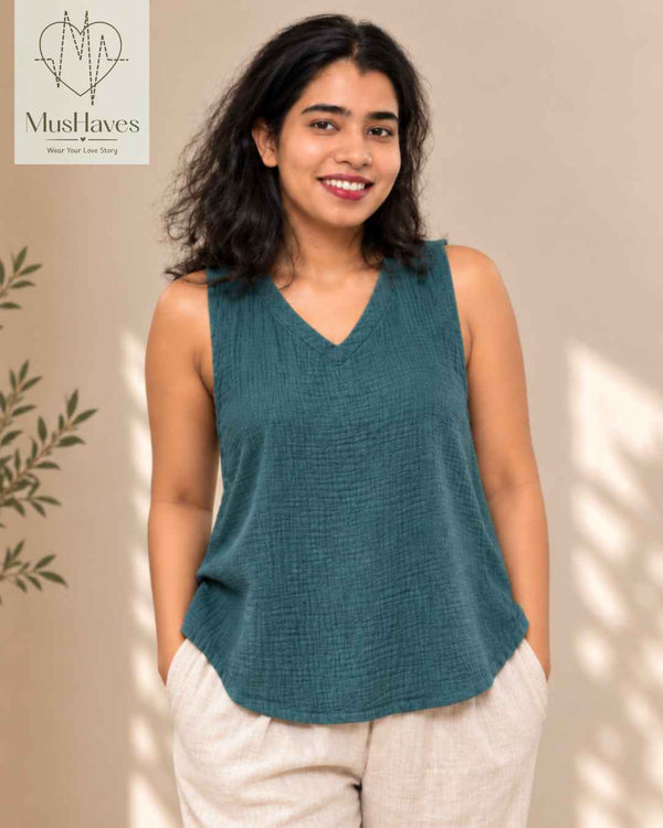 Breezy Muslin A Line V Neck Cut Sleeves Top – Teel Blue