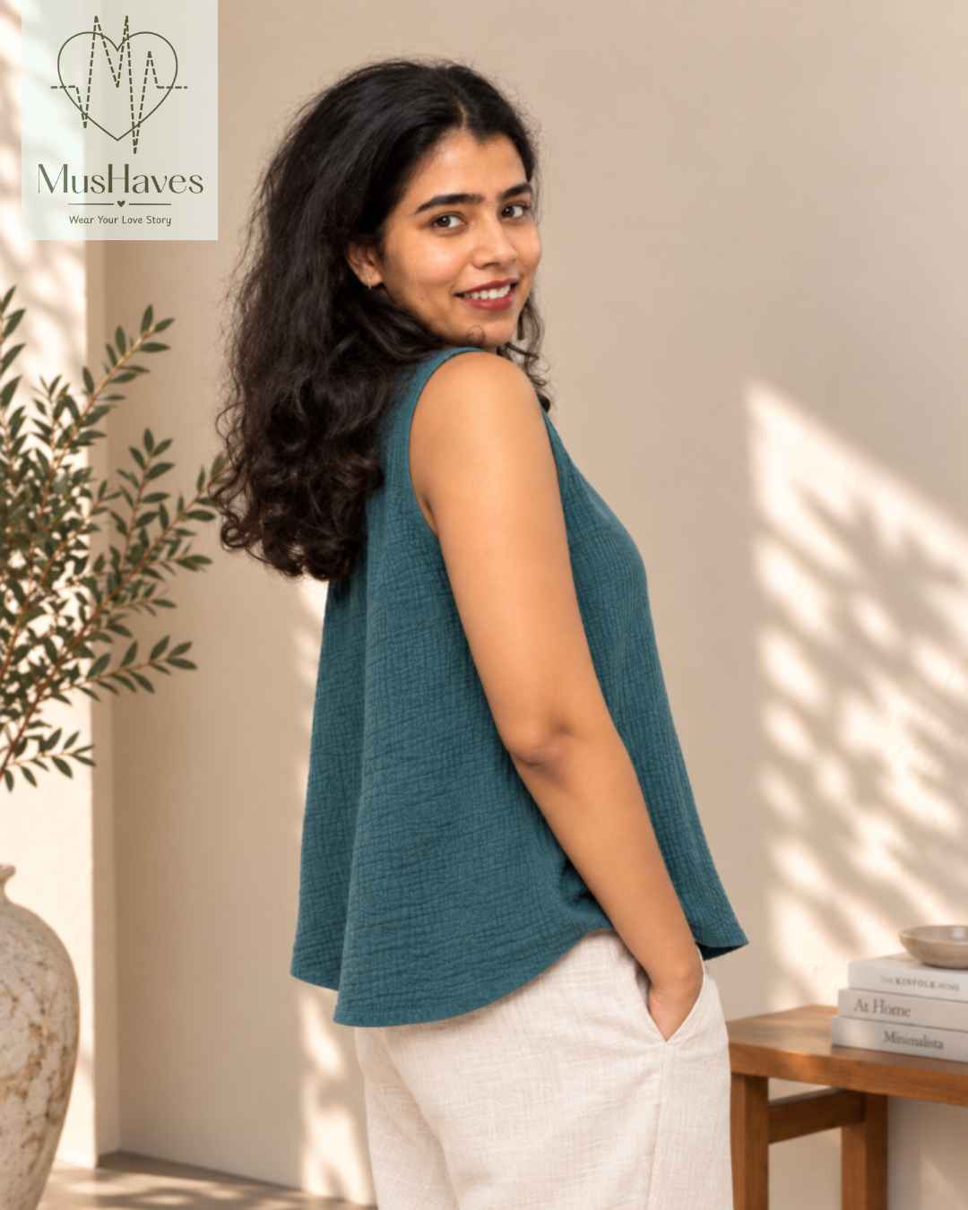 Breezy Muslin A Line V Neck Cut Sleeves Top – Teel Blue