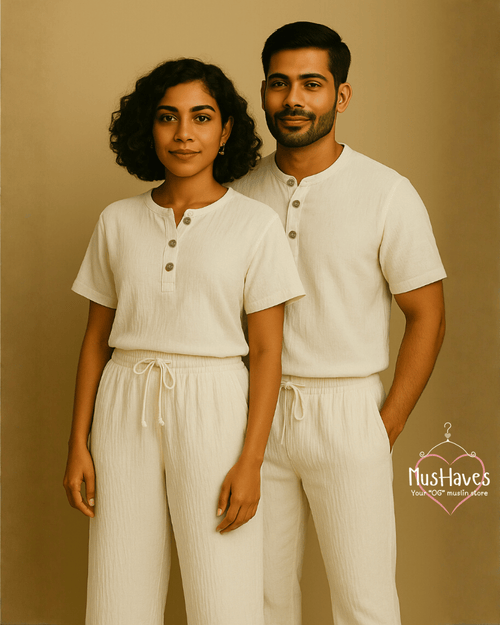 Henley Coord | Premium Muslin | Unisex  | White