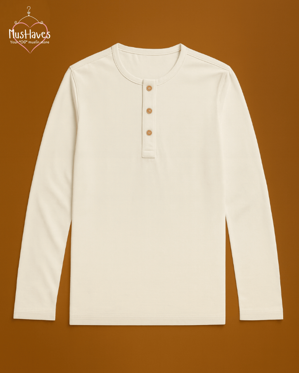 Premium Mulmul Muslin Henley Tee | 100% Organic Cotton | Unisex | Mushaves Classic | Pearl White