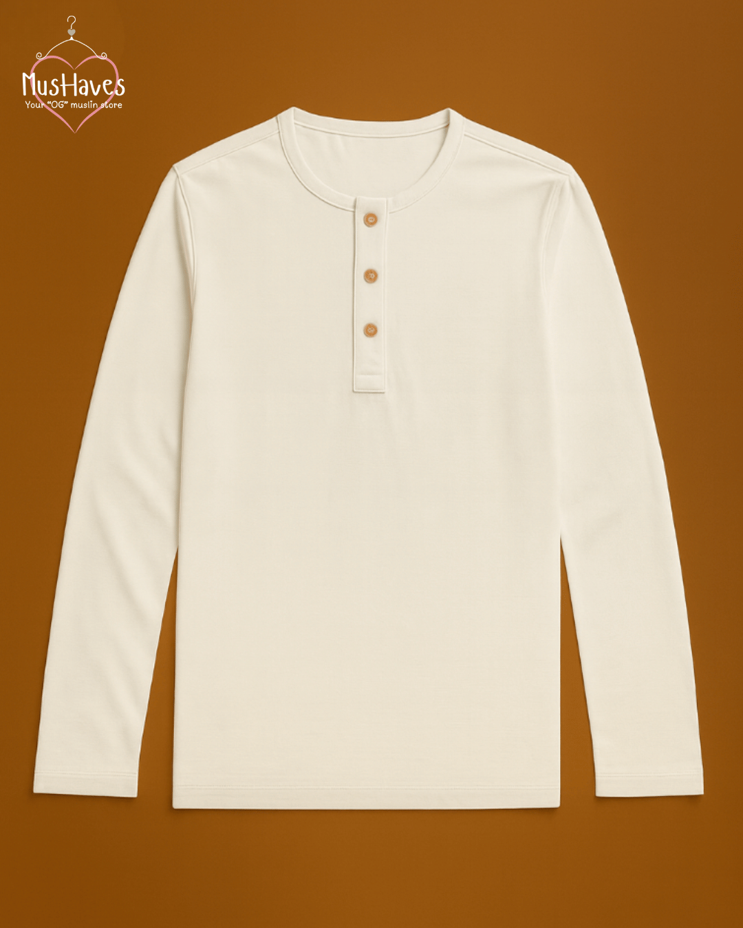 Premium Mulmul Muslin Henley Tee | 100% Organic Cotton | Unisex | Mushaves Classic | Pearl White