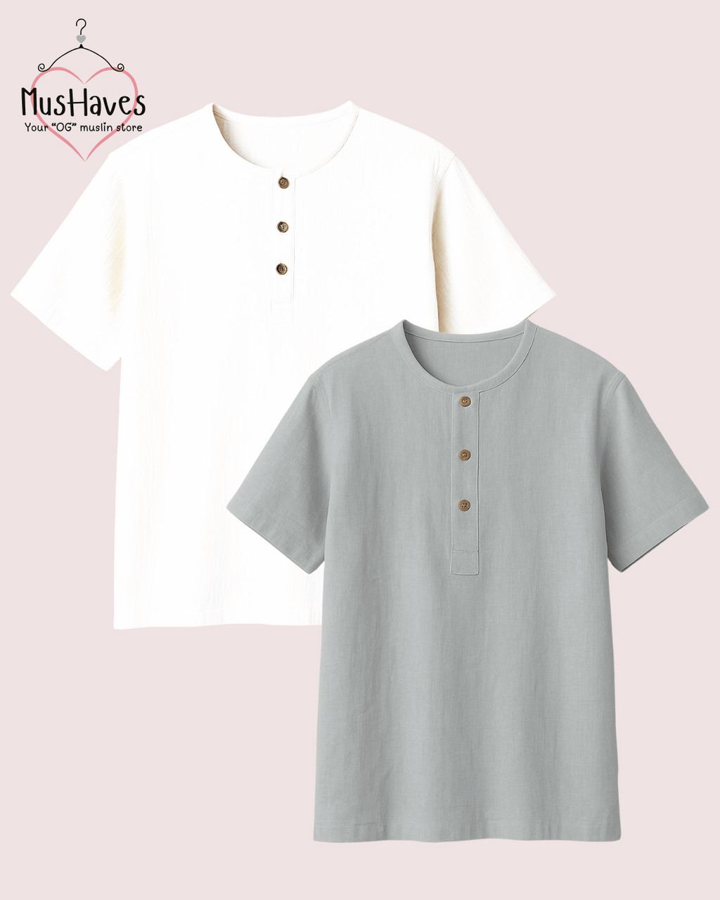 Unisex Organic Cotton Muslin T-Shirt – 100% Double Gauze, Loose Fit, Breathable Grey + White