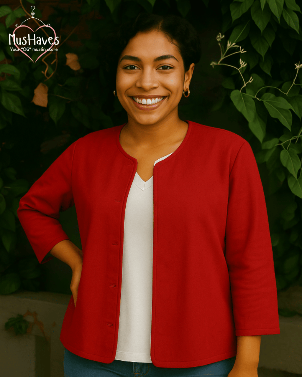 Premium Muslin Jacket | Women | 100% Organic Cotton | Mulmul | 4-Layer | 6-Layers | Reversible | Round Neck | 10°C to 25°C | Pearl White + Red