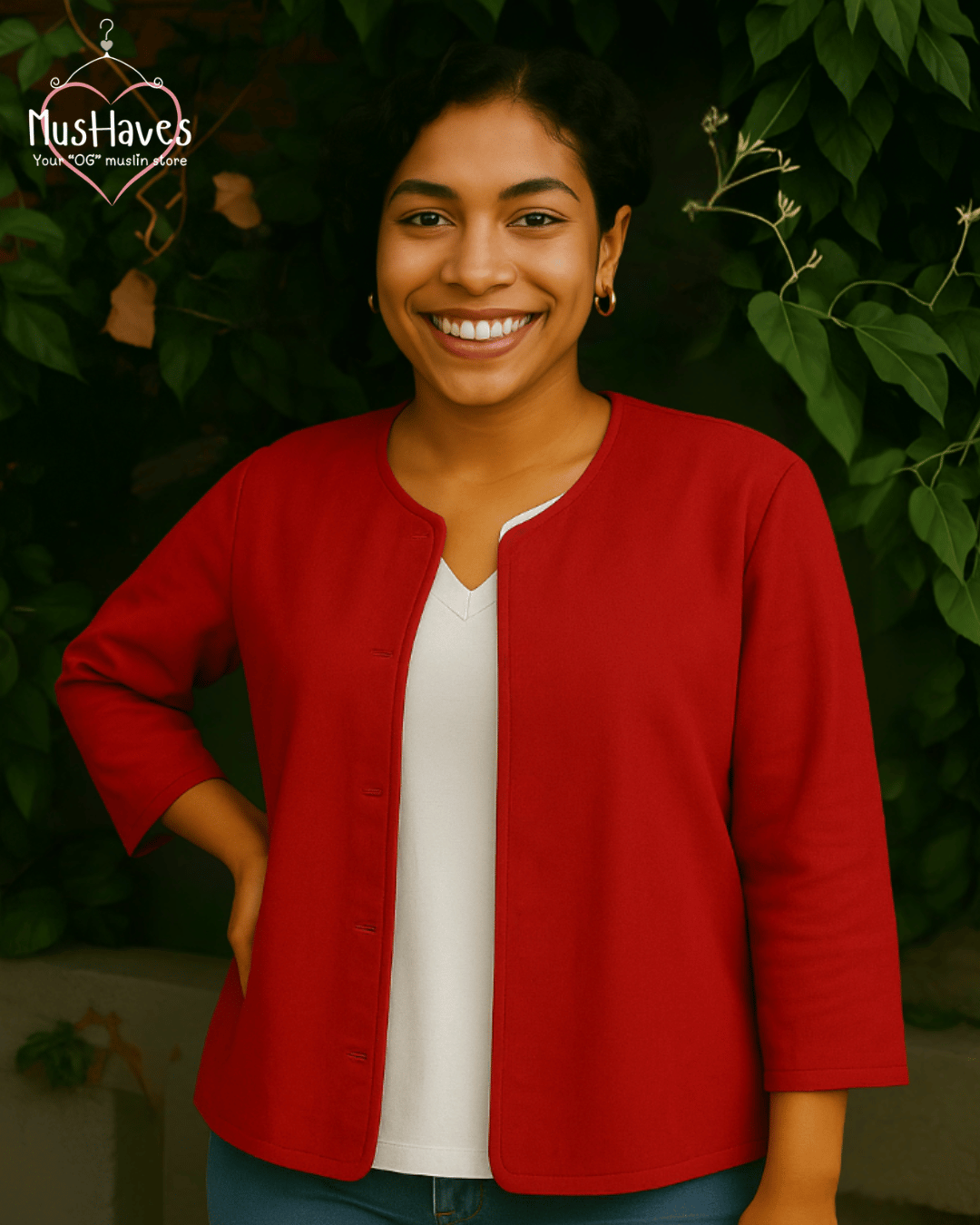 Premium Muslin Jacket | Women | 100% Organic Cotton | Mulmul | 4-Layer | 6-Layers | Reversible | Round Neck | 10°C to 25°C | Pearl White + Red