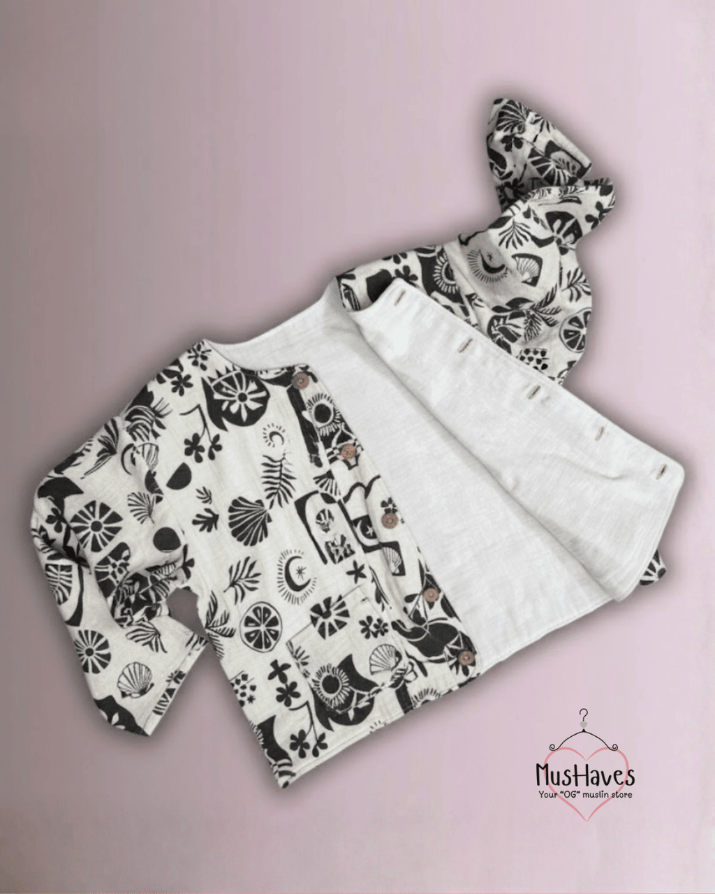 Premium Muslin Jacket | Women | 100% Organic Cotton | Mulmul | 4-Layer | 6-Layers | Reversible | Round Neck | 10°C to 25°C | BnW Block Print + White