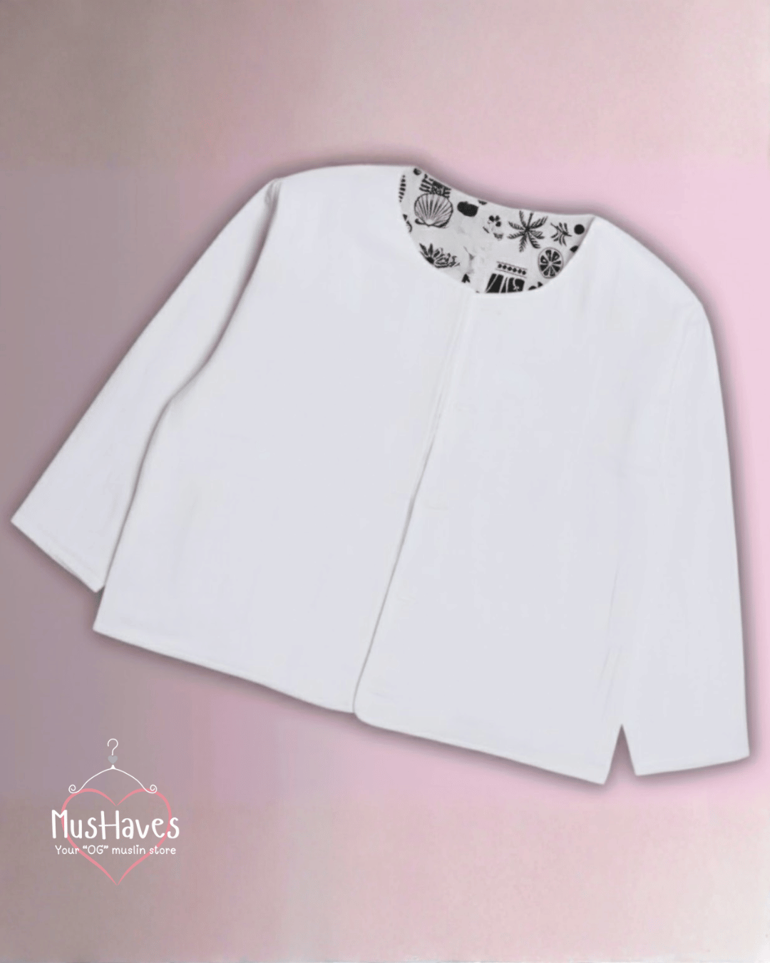 Premium Muslin Jacket | Women | 100% Organic Cotton | Mulmul | 4-Layer | 6-Layers | Reversible | Round Neck | 10°C to 25°C | BnW Block Print + White