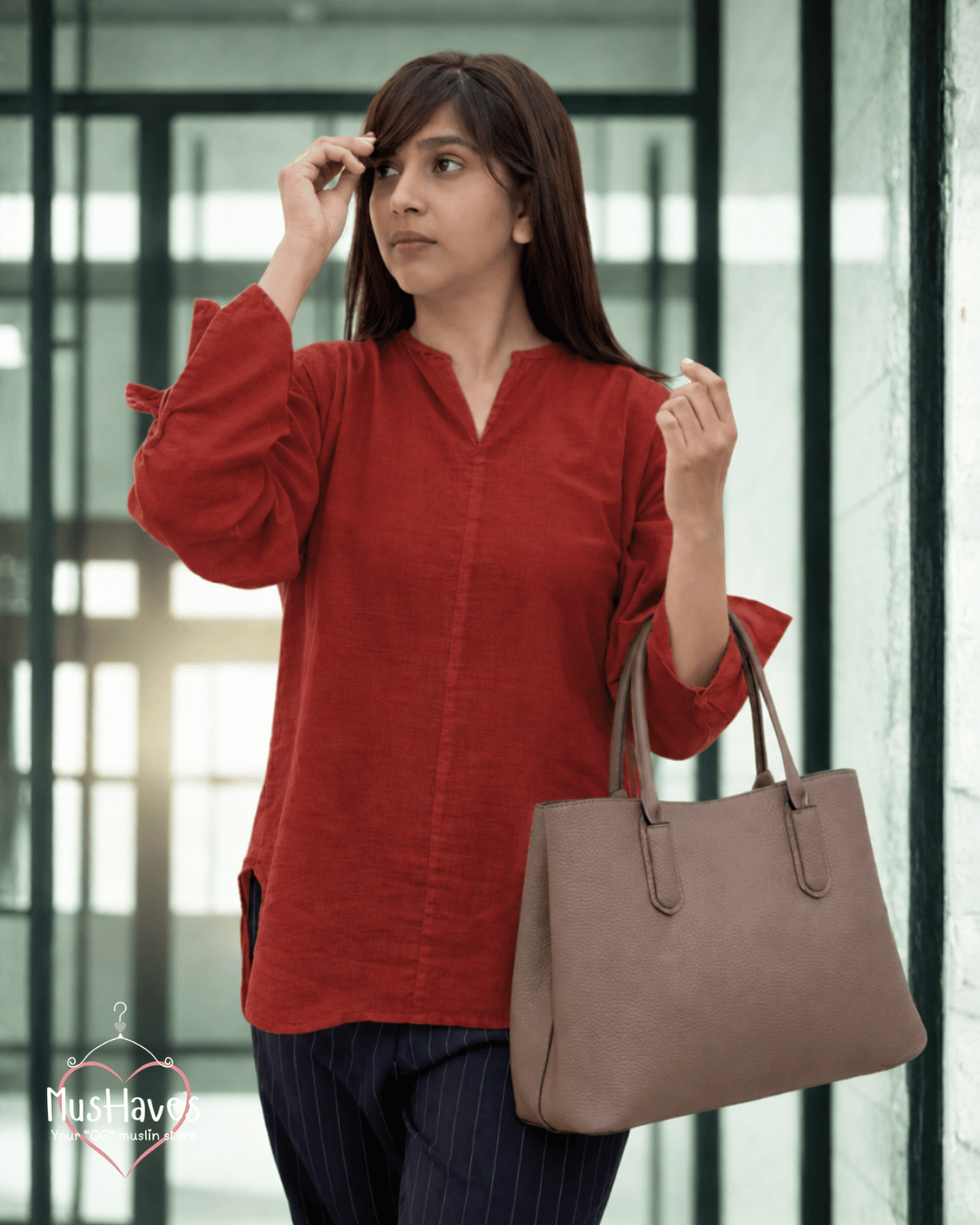Muslin Full Sleeve Formal Tunic Top – Maroon