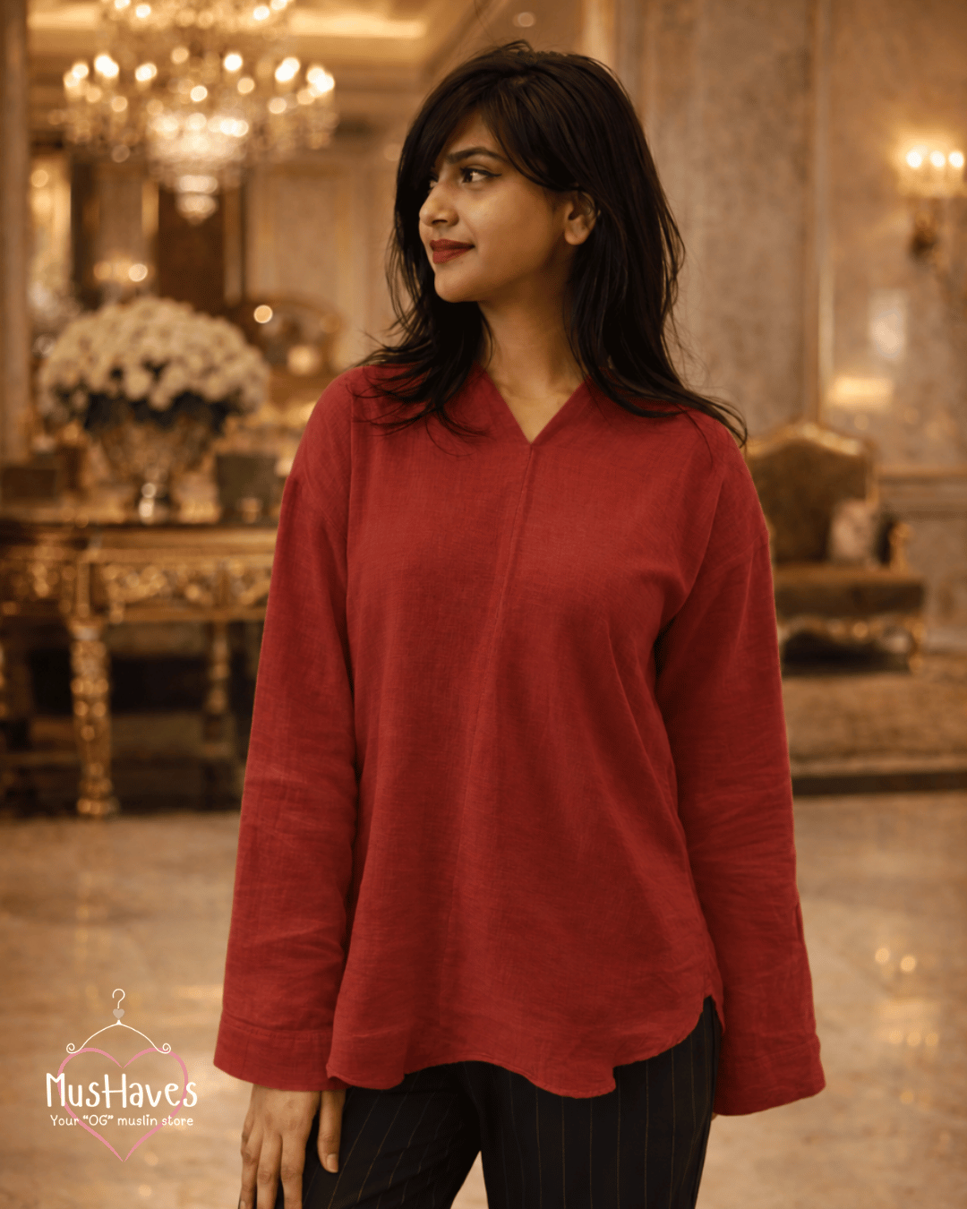 Muslin Full Sleeve Formal Tunic Top – Maroon