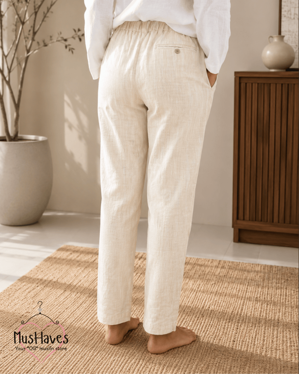 Muslin Longline Formal Tunic Top & Trouser Set – White × Beige
