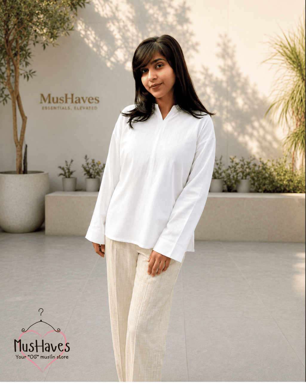 Muslin Longline Formal Tunic Top & Trouser Set – White × Beige