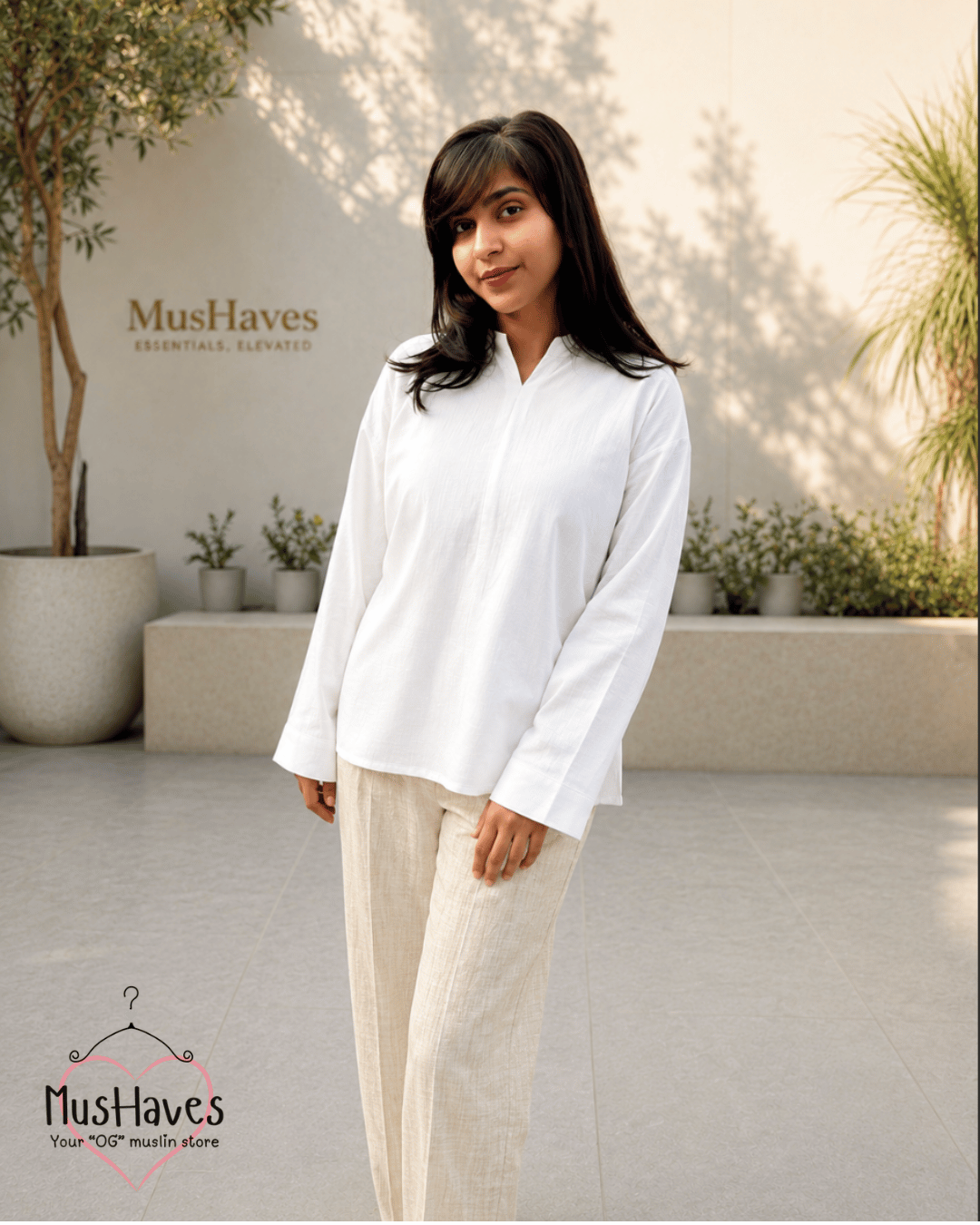 Muslin Longline Formal Tunic Top & Trouser Set – White × Beige