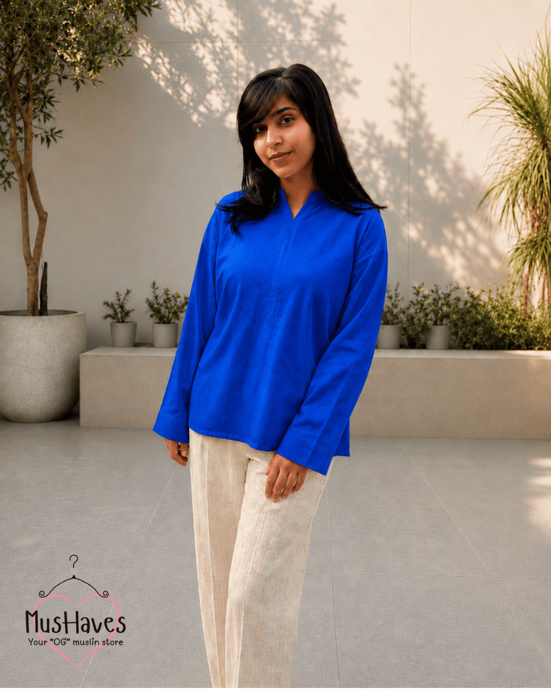 Muslin Longline Formal Tunic Top & Trouser Set – Cobalt × Beige